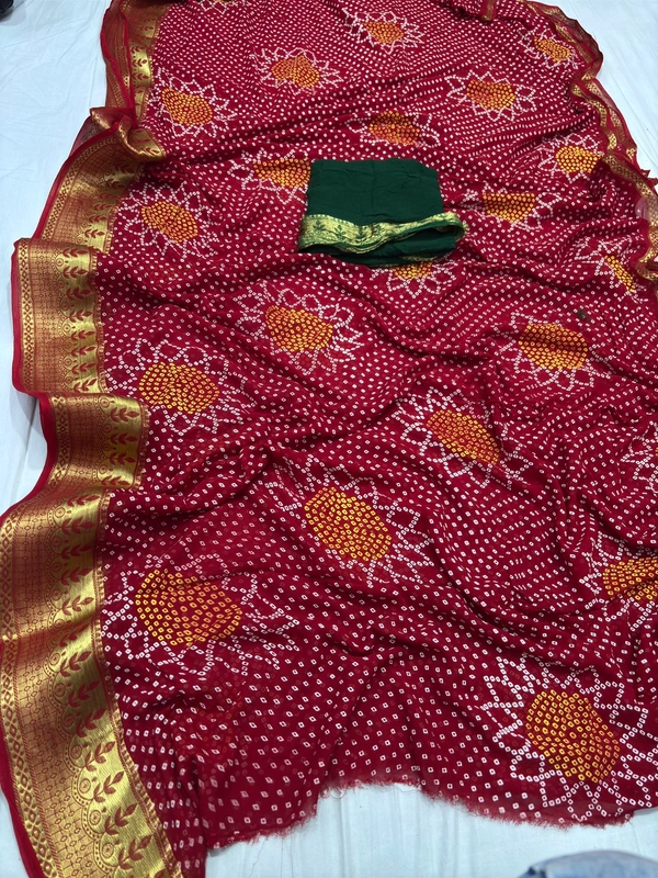 Pooja Creation Premium Pure Goregatte Banarasi Zari Border Saree – With Blouse & Ready to Ship! - Red