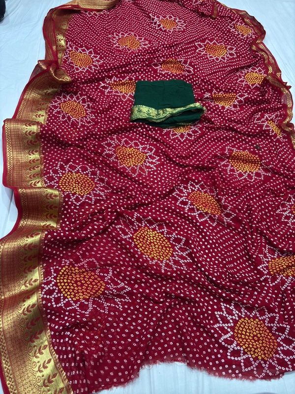 Pooja Creation Premium Pure Goregatte Banarasi Zari Border Saree – With Blouse & Ready to Ship! - Red