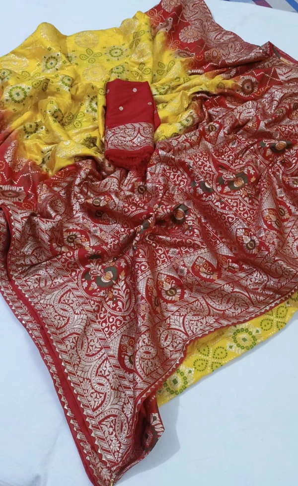 Authentic Zari Bandhej Saree – Russian Dola Fabric with Heavy Zari Border - Turbo