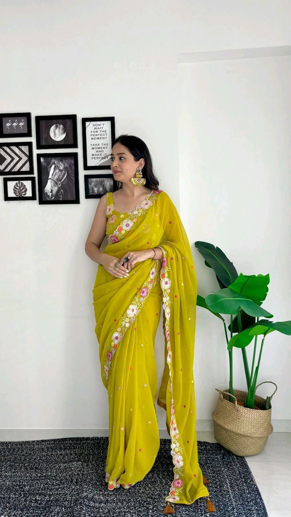Fashion Hub Women's Faux Georgette Saree with embroidery work - Yellow