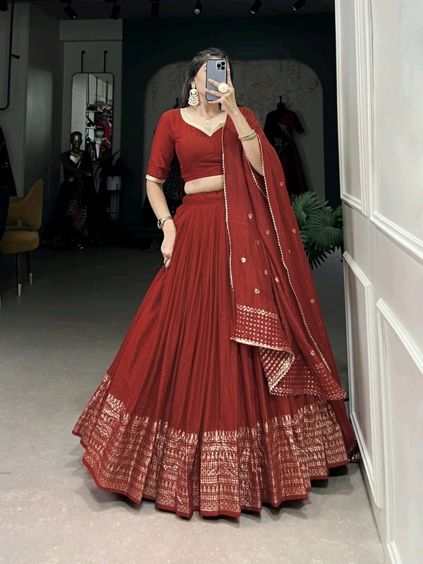 Fashion Hub Pure Chanderi Lehenga Set with Zari Border & Sequin Dupatta – Neha Collection - Bright Red