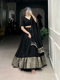 Fashion Hub Pure Chanderi Lehenga Set with Zari Border & Sequin Dupatta – Neha Collection - Black