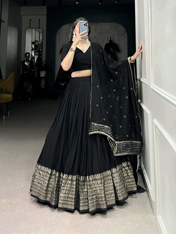 Fashion Hub Pure Chanderi Lehenga Set with Zari Border & Sequin Dupatta – Neha Collection - Black