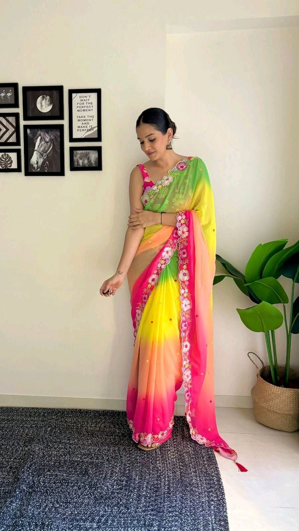 Fashion Hub Elegant Faux Georgette Saree with Multicolor Sequence and Embroidery Work Neha Collection