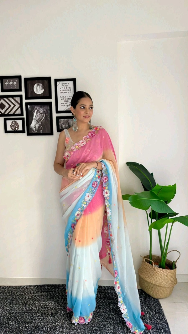 Fashion Hub Elegant Faux Georgette Saree with Multicolor Sequence and Embroidery Work Neha Collection