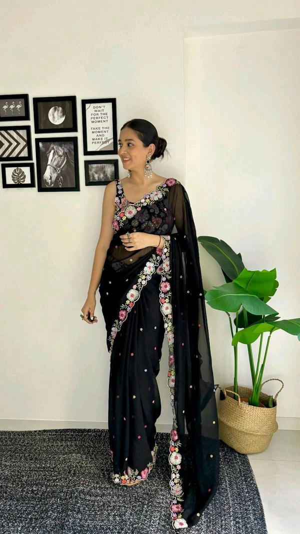 Fashion Hub Elegant Faux Georgette Saree with Multicolor Sequence and Embroidery Work Neha Collection