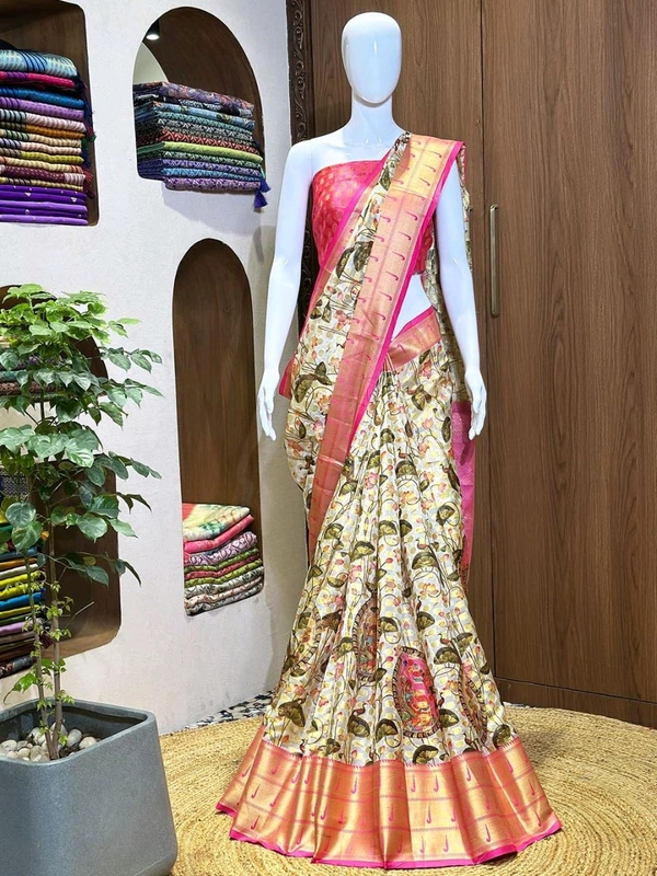 Fashion Hub Silk Blend Saree with Pethni Weaving, Gold Zari, and Kalamkari Digital Print