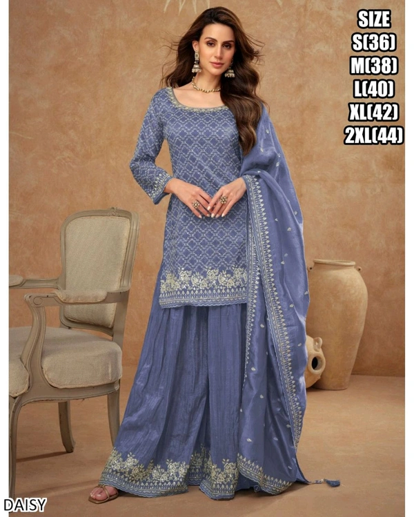 Fashion Hub Elegant Silk Kurti Sharara Dupatta Set with Embroidery - S