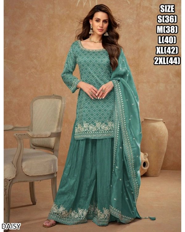Fashion Hub Elegant Silk Kurti Sharara Dupatta Set with Embroidery - L