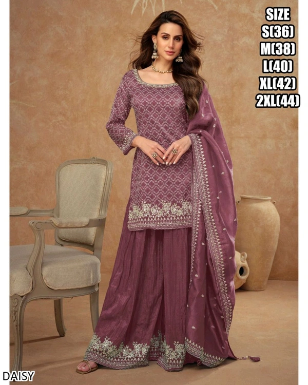 Fashion Hub Elegant Silk Kurti Sharara Dupatta Set with Embroidery - L