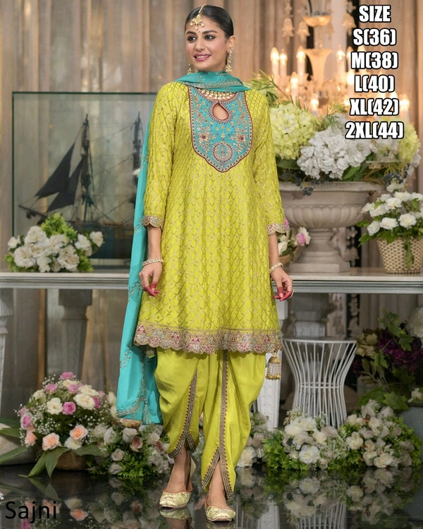 Fashion Hub Women's Chinon Embroidered Kurti Dhoti Dupatta Set  - M, Yellow