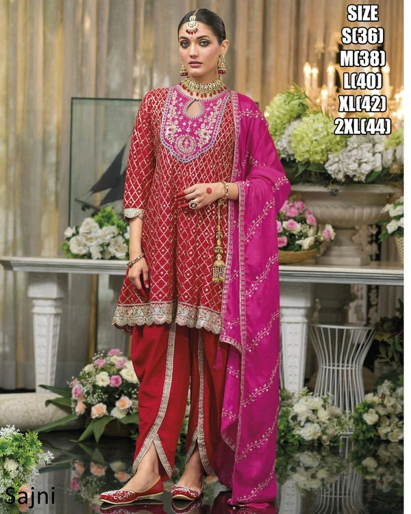 Fashion Hub Women's Chinon Embroidered Kurti Dhoti Dupatta Set  - Pink, S