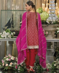 Fashion Hub Women's Chinon Embroidered Kurti Dhoti Dupatta Set  - Pink, S
