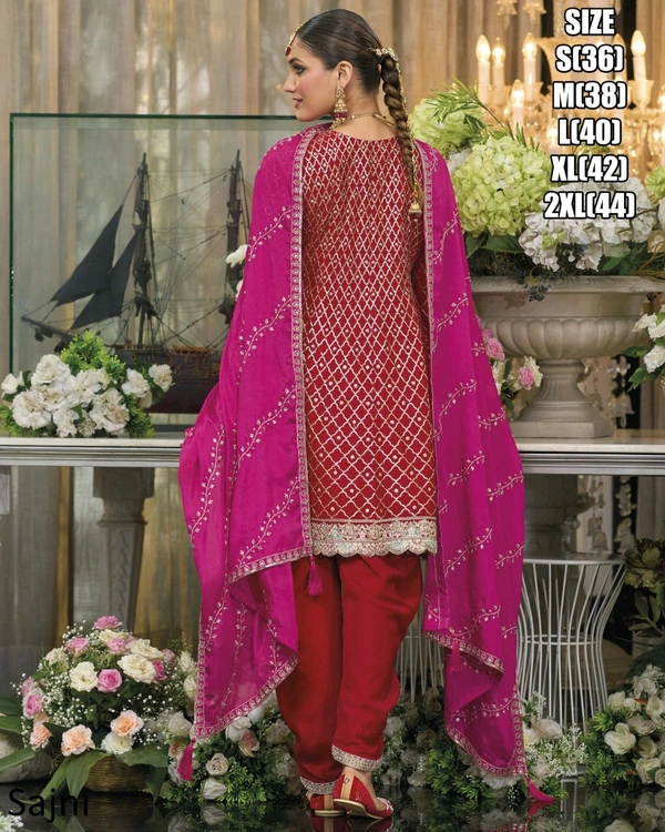 Fashion Hub Women's Chinon Embroidered Kurti Dhoti Dupatta Set  - Pink, S
