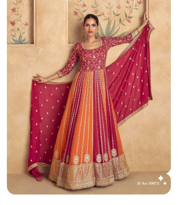 Fashion Hub Women's Georgette Gown with Heavy Golden Embroidery & Dupatta | Neha Collection - XL