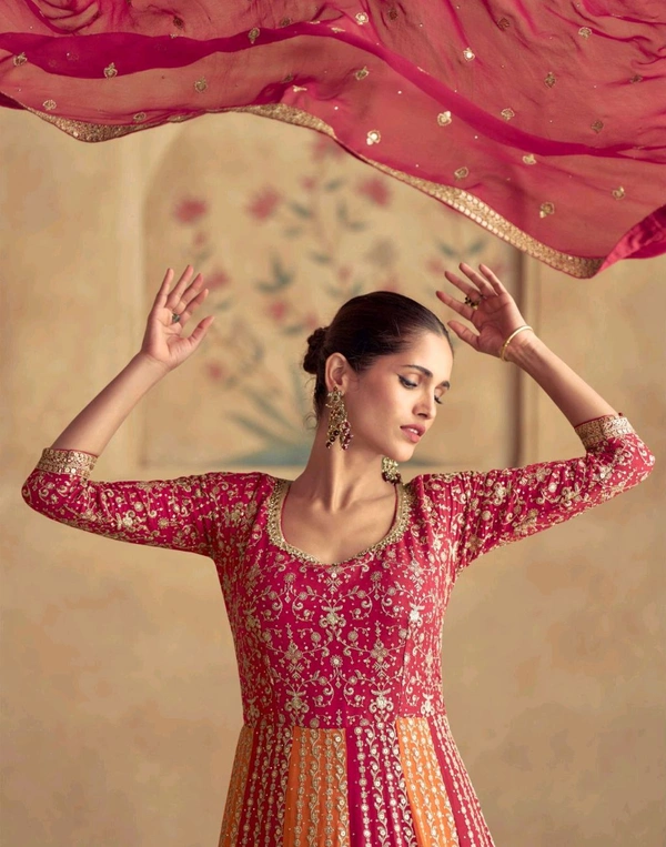 Fashion Hub Women's Georgette Gown with Heavy Golden Embroidery & Dupatta | Neha Collection - XL