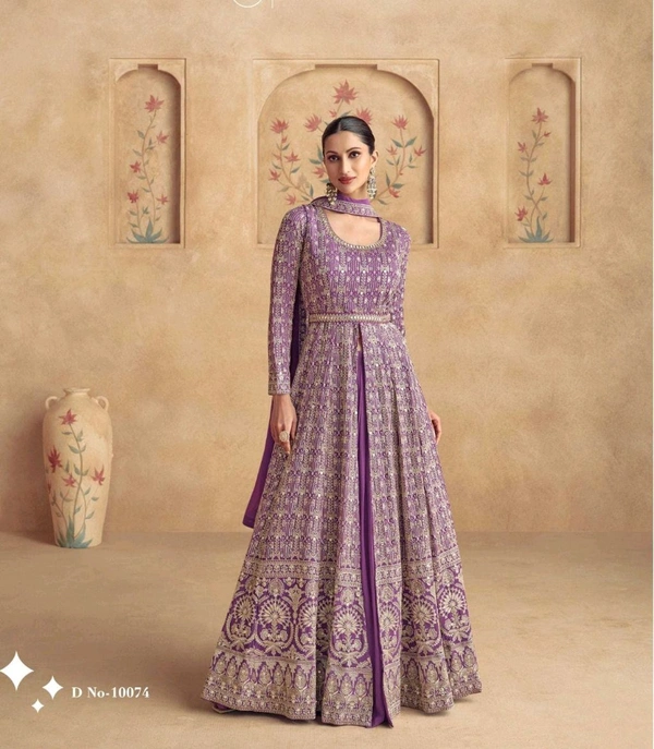 Fashion Hub Women's Georgette Gown with Heavy Golden Embroidery & Dupatta | Neha Collection - XL