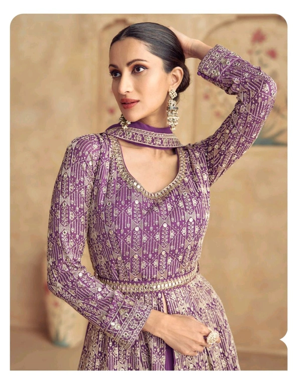 Fashion Hub Women's Georgette Gown with Heavy Golden Embroidery & Dupatta | Neha Collection - XL