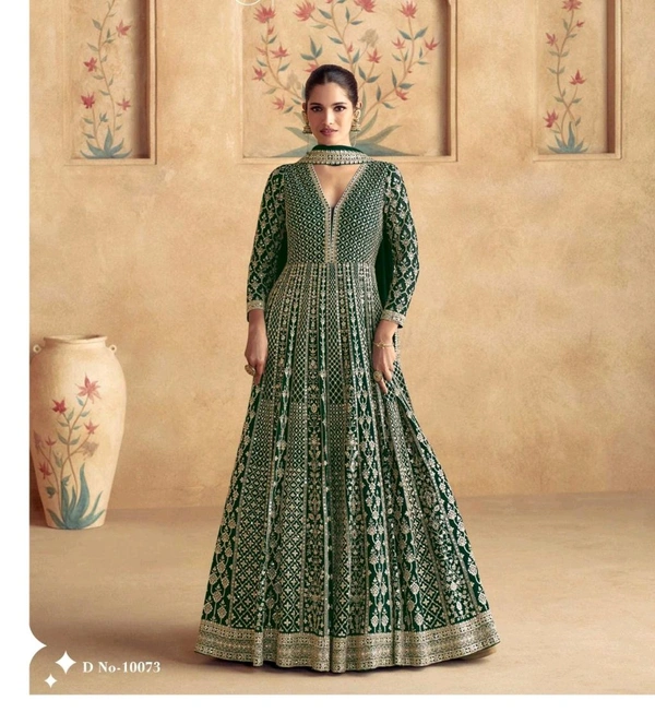 Fashion Hub Women's Georgette Gown with Heavy Golden Embroidery & Dupatta | Neha Collection - XL