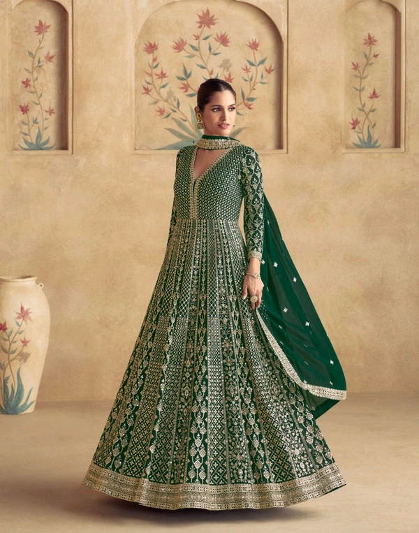 Fashion Hub Women's Georgette Gown with Heavy Golden Embroidery & Dupatta | Neha Collection - XL