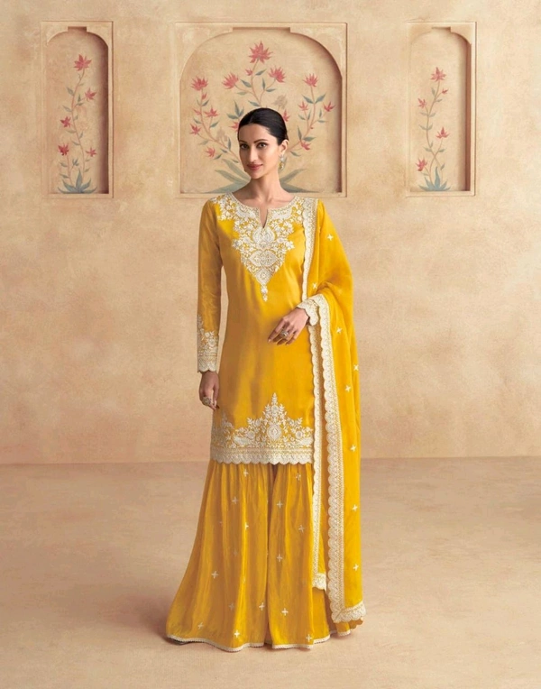 Elegant Yellow Embroidered Sharara Suit with Dupatta