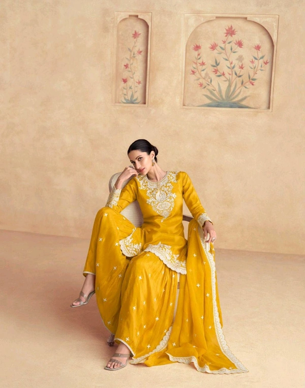 Elegant Yellow Embroidered Sharara Suit with Dupatta