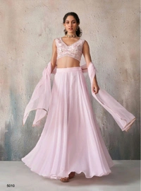 Fashion Hub Georgette Lehenga Choli Dupatta Set with Khatli Work Blouse - Pink Lace, M-36