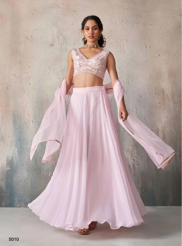 Fashion Hub Georgette Lehenga Choli Dupatta Set with Khatli Work Blouse - Pink Lace, M-36