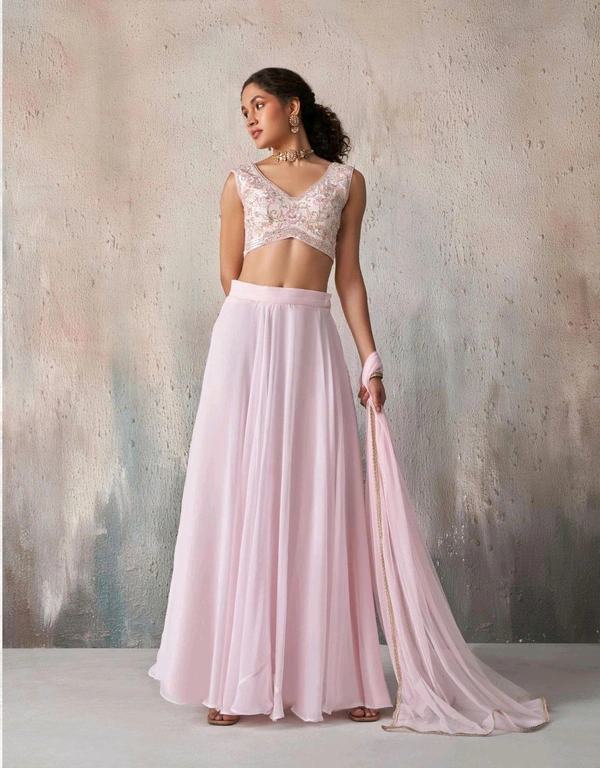 Fashion Hub Georgette Lehenga Choli Dupatta Set with Khatli Work Blouse - Pink Lace, XL-40