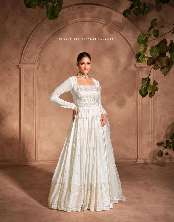Fashion Hub Women's Chinon Silk Embroidery Stitched Gown | Neha Collection - XL
