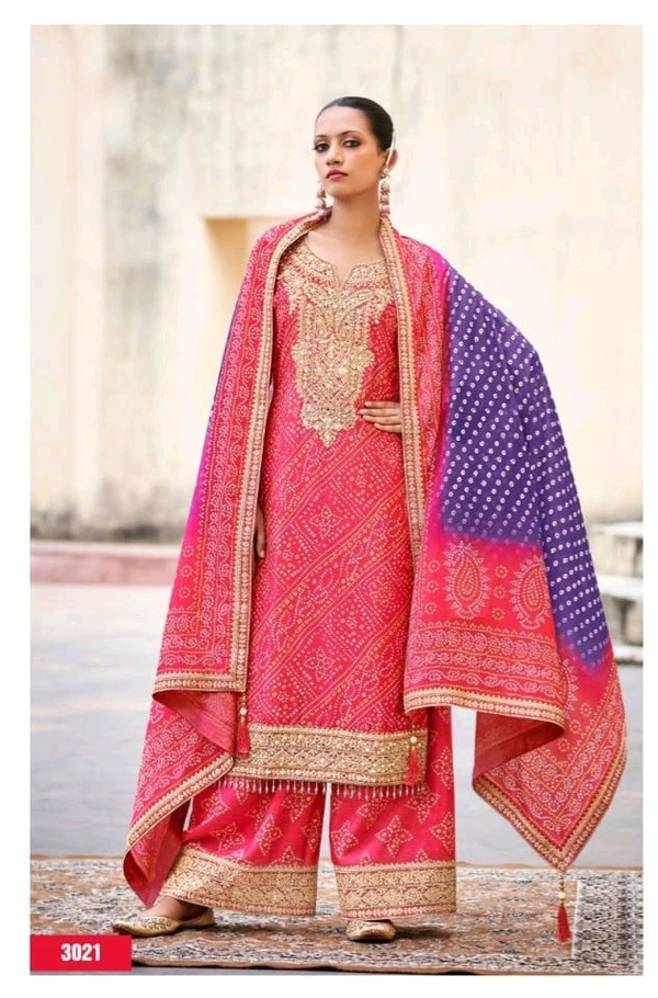 Fashion Hub Embroidered Chinon Salwar Kameez Set with Mirror Work & Designer Dupatta | Neha Collection - M, Pink