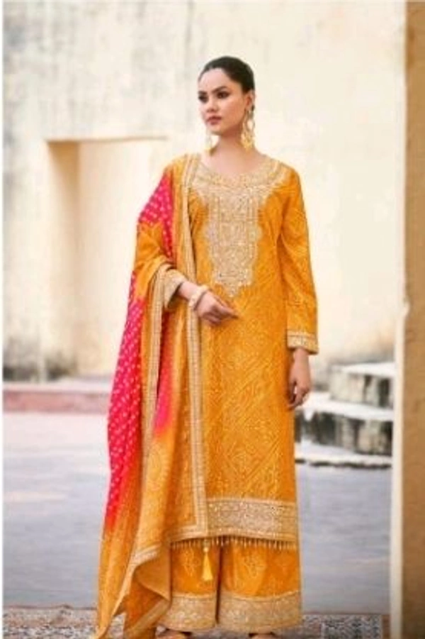 Fashion Hub Embroidered Chinon Salwar Kameez Set with Mirror Work & Designer Dupatta | Neha Collection - M, Yellow
