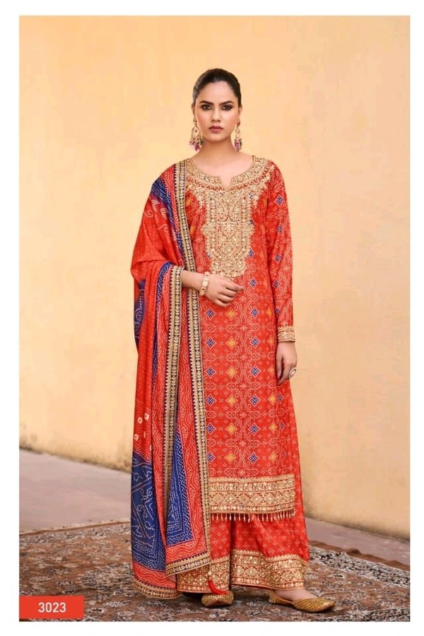 Fashion Hub Embroidered Chinon Salwar Kameez Set with Mirror Work & Designer Dupatta | Neha Collection - L, Red