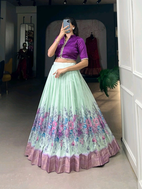 Fashion Hub Cotton Silk Floral Print Lehenga Choli with Zari Border | Neha Collection - Mint Green