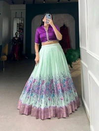 Fashion Hub Cotton Silk Floral Print Lehenga Choli with Zari Border | Neha Collection - Mint Green