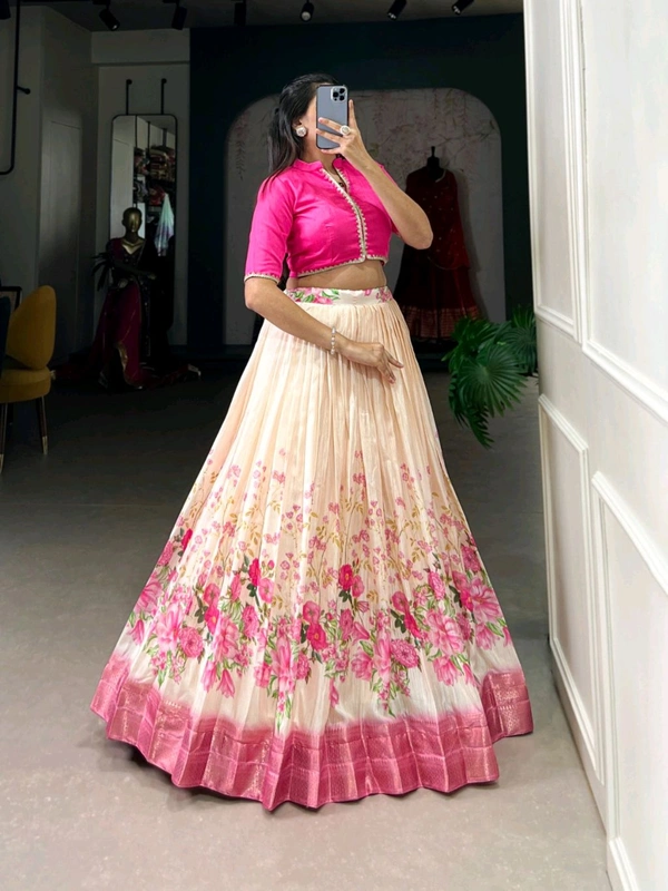 Fashion Hub Cotton Silk Floral Print Lehenga Choli with Zari Border | Neha Collection - Pink