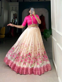 Fashion Hub Cotton Silk Floral Print Lehenga Choli with Zari Border | Neha Collection - Pink