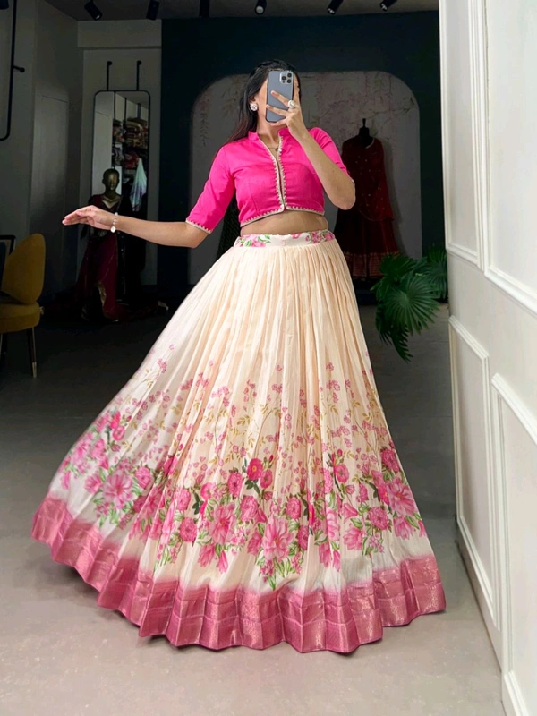 Fashion Hub Cotton Silk Floral Print Lehenga Choli with Zari Border | Neha Collection - Pink