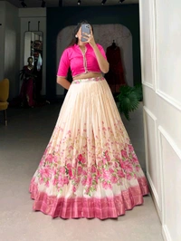 Fashion Hub Cotton Silk Floral Print Lehenga Choli with Zari Border | Neha Collection - Pink