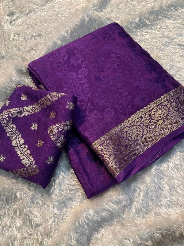 Viscose Chinon Weaving Pattern Saree With Dola Banarasi Silk Blouse - Purple