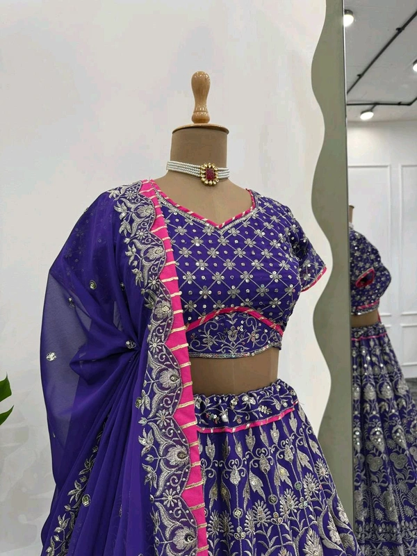 Prayosha Women's Faux Georgette Embroidered Lehenga Choli with Lace Border Dupatta