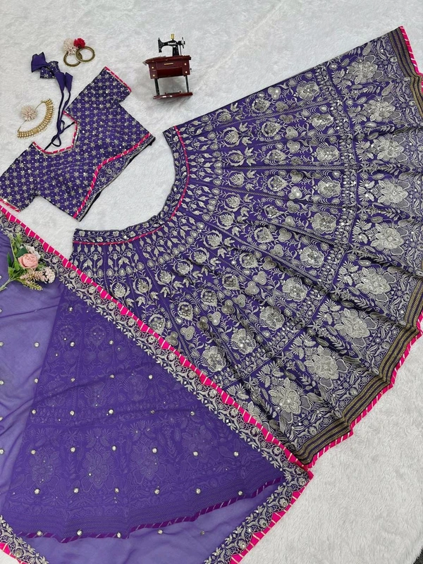 Prayosha Women's Faux Georgette Embroidered Lehenga Choli with Lace Border Dupatta