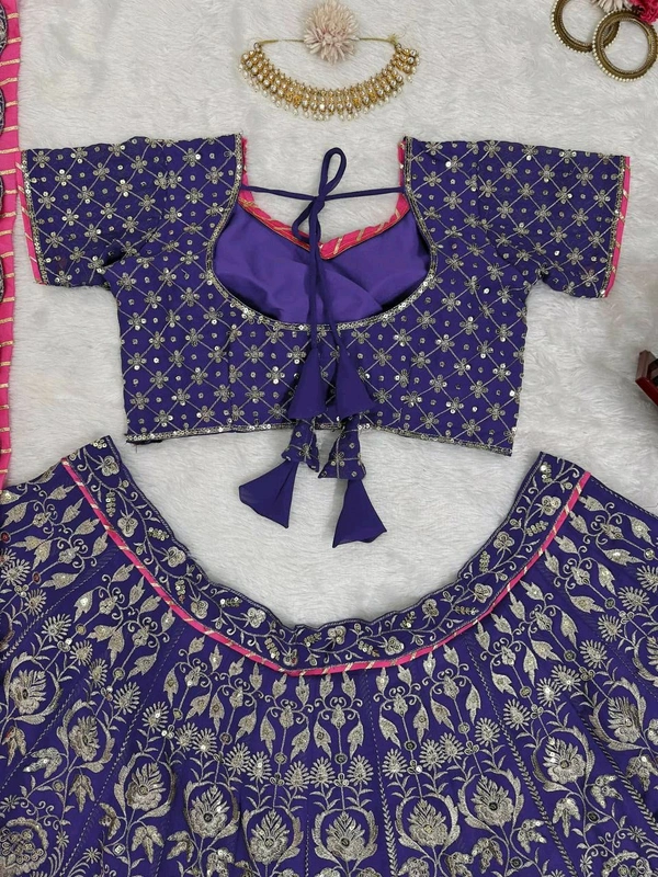 Prayosha Women's Faux Georgette Embroidered Lehenga Choli with Lace Border Dupatta