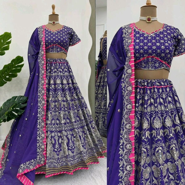 Prayosha Women's Faux Georgette Embroidered Lehenga Choli with Lace Border Dupatta