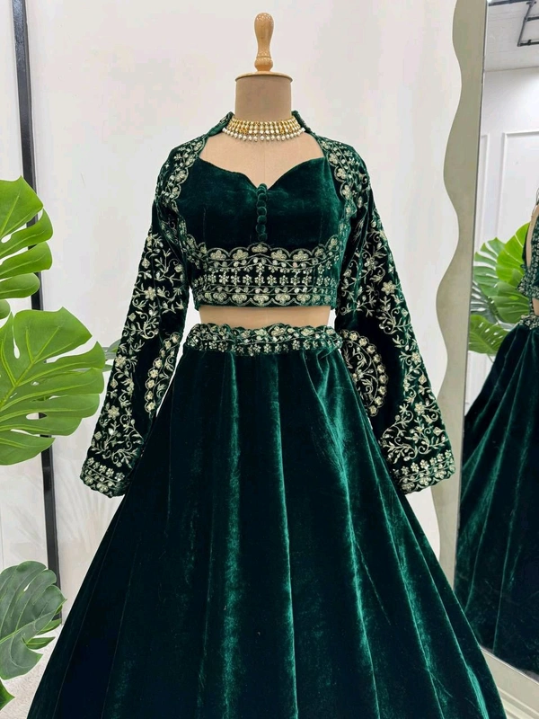 Prayosha Women's Viscose Velvet Thread and Sequins Embroidered Lehenga Choli