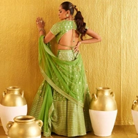 Prayosha Women's Parrot Green Embroidered Banglori Silk Lehenga Choli with Net Dupatta