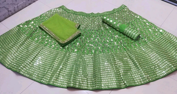 Prayosha Women's Parrot Green Embroidered Banglori Silk Lehenga Choli with Net Dupatta