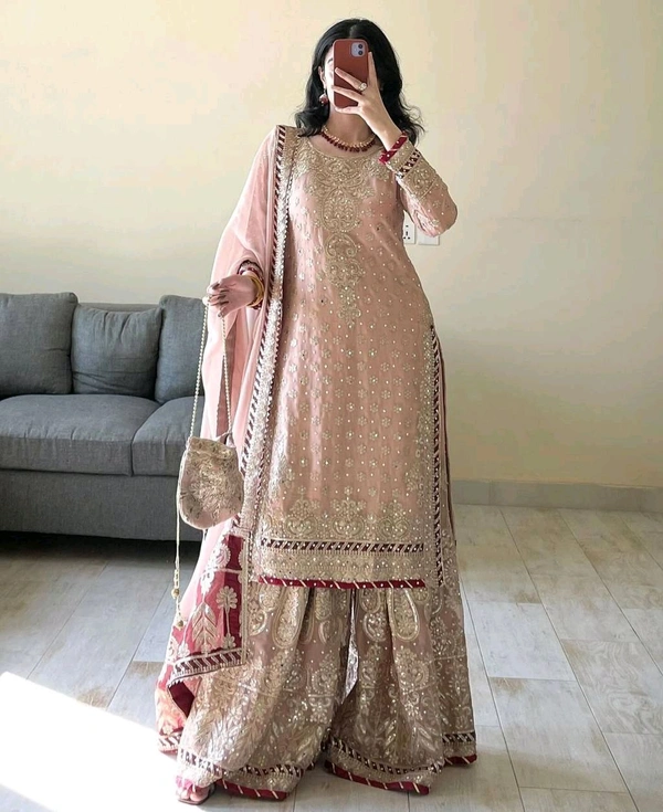 Prayosha Faux Georgette Thread & Sequins Work Sharara Set with Lace Border and Rivet Moti - XL