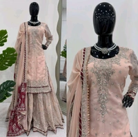 Prayosha Faux Georgette Thread & Sequins Work Sharara Set with Lace Border and Rivet Moti - XL