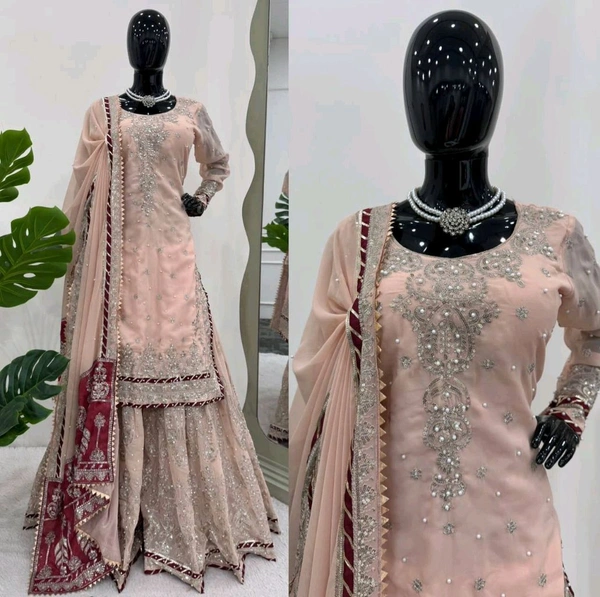 Prayosha Faux Georgette Thread & Sequins Work Sharara Set with Lace Border and Rivet Moti - XL
